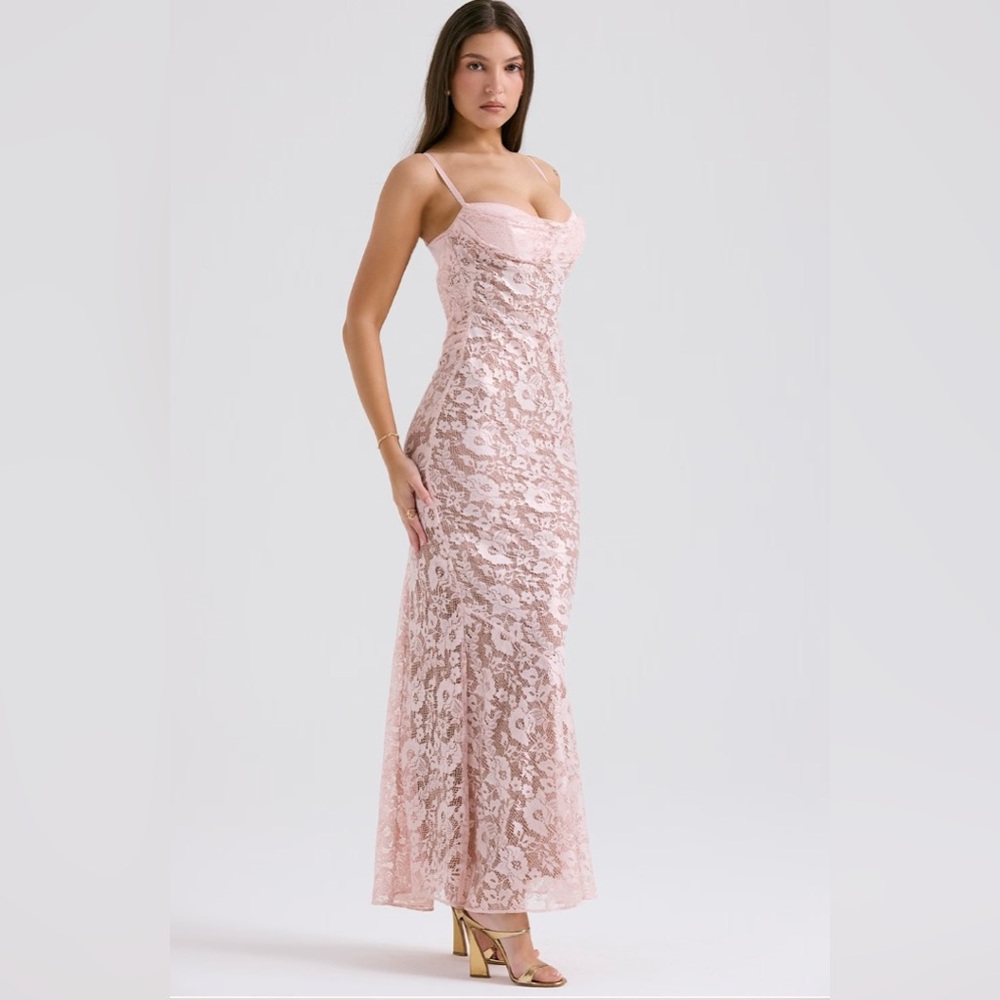 House of CB “Azzurra” Rose Pink Lace Godet Gown